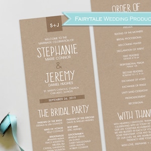 Brown Kraft Rustic Outdoor Barn Wedding Ceremony Ordre de Service Programme Cartes - 4x9.25 Longueur de thé ou 5x7 Carte postale Taille DIY Impression numérique