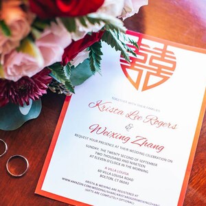 Benutzerdefinierte 5 x 7 Hochzeit flache Einladungskarte, Save the Date - zeitgenössische chinesische Doppelglück - DIY Digital druckbare + Druckoptionen