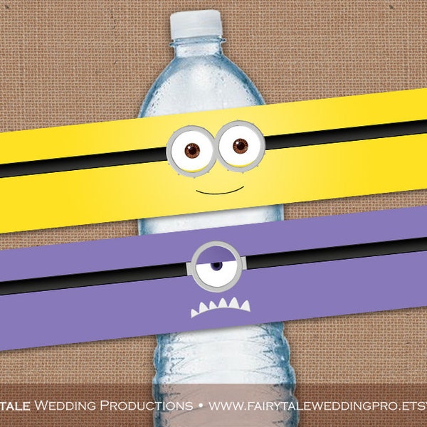 Despicable Me Minions Birthday Party Yellow & Purple Watter Bottle Labels Wrappers Party Favor Decor - DIY Digital Printable