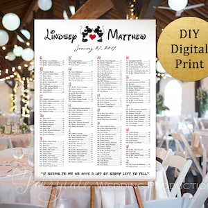 Puede incluir: Un plano de asientos de boda imprimible con una ilustración de Mickey Mouse y Minnie Mouse con un corazón rojo. El gráfico está titulado "Lindsey & Matthew" e incluye la fecha "27 de enero de 2019". El gráfico enumera los nombres de los invitados alfabéticamente por mesa.