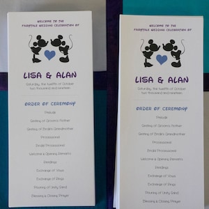 Custom Disney Fairytale Wedding Kissing Mickey & Minnie Mouse Flat 4x9.25 Tea Length Ceremony Program Cards - Impression numérique DIY