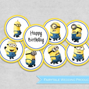 Topper per cupcake a tema Minions di Cattivissimo Me per feste di compleanno, etichette per bomboniere, adesivi di ringraziamento - Lavagna blu - Stampabile digitale fai da te