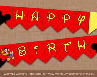 Mickey Mouse Happy Birthday Party Paper Bunting Flags Pennant Banner - Pluto, Red Polka Dots, Yellow Stripes - DIY Digital Printable