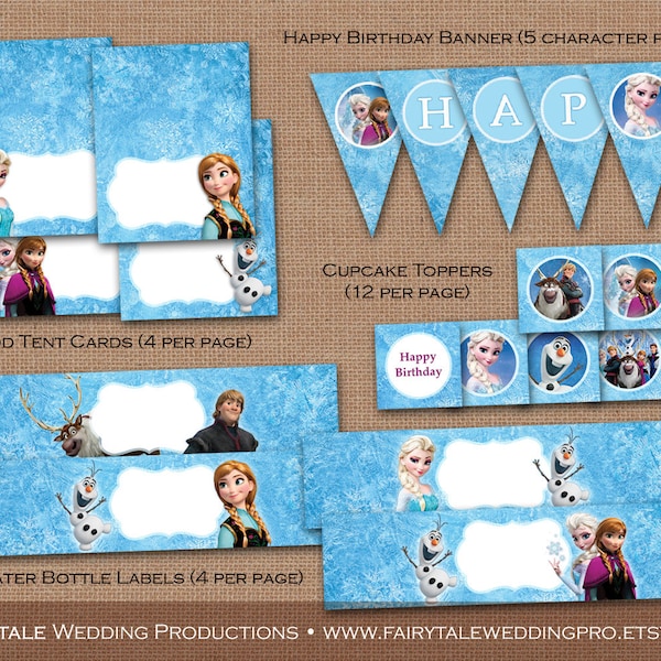 Frozen Birthday Party Package DIY Digital Printable - Food Tent Cards, Water Bottle Wrappers, Cupcake Toppers, Banner Pennant Bunting Flags