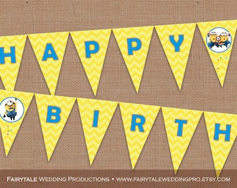 Despicable Me Minions Happy Birthday Banner Bunting Pennant Party Flags Yellow Chevron - DIY Digital Printable