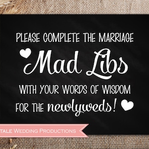Schwarz-weiße Tafel Rustikale Scheune Hochzeitsempfang Print Mad Lib Worte der Weisheit Ehe Hinweis Tischschild - 8x10 DIY Digital Print