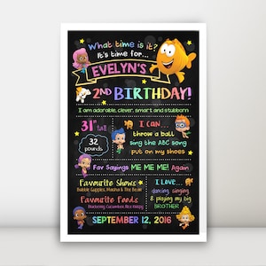 Puede incluir: Un cartel de cumpleaños estilo pizarra para una niña de 2 años llamada Evelyn. El cartel presenta un personaje de dibujos animados colorido e incluye detalles como su altura, peso, programas favoritos y alimentos. La fecha 12 de septiembre de 2016 también está incluida.