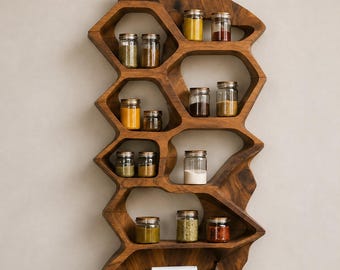 Handgemaakte massief houten muur kruidenrek geometrische honingraat keukenplank zwevende kruiden organisator moderne houten muur opslag rustieke pantry