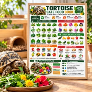 May include: A framed educational poster titled Tortoise Safe Food Guide, featuring a grid of illustrations of greens, flowers, vegetables, and treats. It includes a quick feeding key, a build a healthy plate section, and five feeding rules.