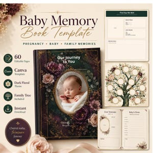 May include: A baby memory book template featuring a dark floral cover with a central oval photo frame of a sleeping infant. The set includes 60 editable pages, a family tree diagram, and layout pages for pregnancy and baby milestones in a digital format.