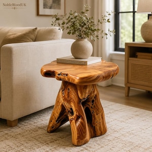 May include: A natural wood side table with a thick, organic-shaped top and a sturdy, hollowed-out base featuring visible wood grain patterns. A white book titled Live Beautifully and a round ceramic vase with green foliage sit on the table.