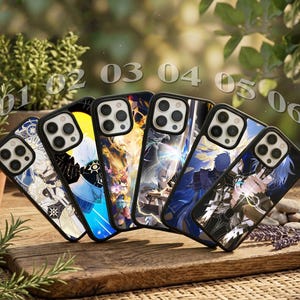 May include: Six black smartphone cases arranged in a row, each featuring a unique anime-style character illustration with vibrant colours. The cases are numbered 01 through 06 in a semi-circular arc above them, showcasing various fantasy designs.