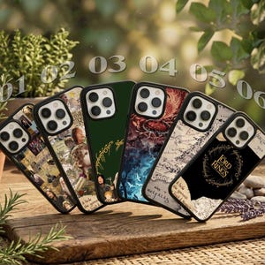 May include: Six smartphone cases featuring The Lord of the Rings designs. The cases display various graphics including character collages, a green background with gold script, a fiery landscape, a map of Middle-earth, and a black case with gold text.