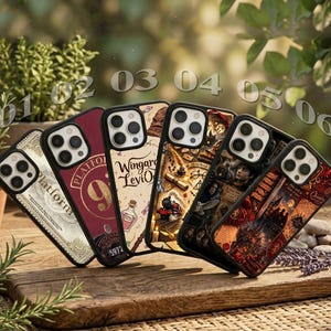 May include: Six smartphone cases featuring Harry Potter themes. Designs include a Platform 9 3/4 ticket, a maroon crest, a cream background with Wingardium Leviosa text, a map with a train, a character collage, and a dark castle scene at night.