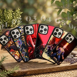 May include: A collection of six black smartphone cases featuring various graphic illustrations of the comic book character Cyclops. Each case displays a different artistic depiction of the character, including collage styles and action scenes with red optic blasts.