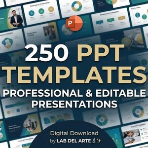 Puede incluir: Una colección digital de 250 plantillas PPT para presentaciones profesionales y editables. La imagen presenta un fondo azul oscuro con numerosas diapositivas de vista previa, el logotipo de PowerPoint y el texto 250 PPT TEMPLATES.