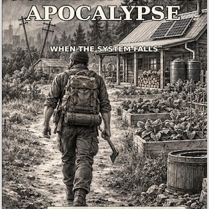 May include: A black and white book cover titled Surviving the Apocalypse: When the System Falls by Jason Webb. It features a person with a backpack and axe walking toward a rustic cabin with solar panels, a garden, and water barrels in a rural setting.