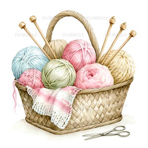 Può includere: Un cesto intrecciato riempito con diversi gomitoli di lana nelle tonalità azzurro, rosa, crema e verde pallido, accompagnato da diversi ferri da maglia in legno e un pezzo di tessuto bianco e rosa parzialmente lavorato, con forbici argentate.