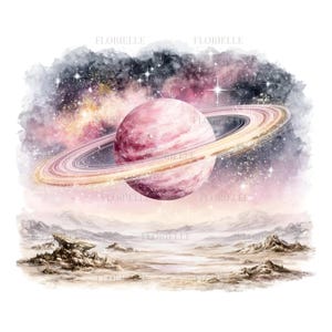 May include: A watercolor illustration of a pink planet with prominent rings suspended in a dark, starry nebula sky above a barren, rocky landscape. The celestial scene features shades of purple, pink, and deep blue with scattered white stars.