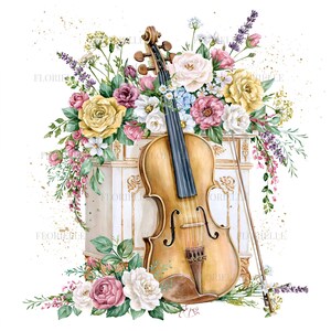 20 Romantic Violin Clip Art, Classical Music Instrument Watercolor Graphics, Elegant Wedding Decor Elements for Scrapbooking, PNG