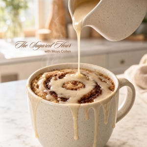 Puede incluir: Una taza de cerámica moteada rellena de un pastel de rollo de canela, cubierto con un glaseado blanco espeso vertido desde una jarra a juego. El texto The Sugared Hour with Maya Callen es visible en la esquina superior izquierda.