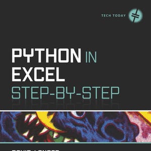 May include: A book cover titled Python in Excel Step-by-Step by David Langer. The cover features a dark gray background with white and light blue text. A horizontal band across the middle displays a colorful graphic of a creature with sharp teeth.