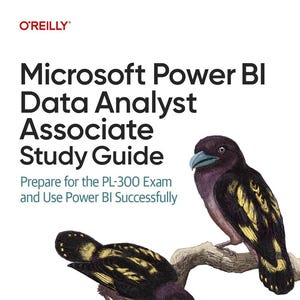 May include: A book titled Microsoft Power BI Data Analyst Associate Study Guide: Prepare for the PL-300 Exam and Use Power BI Successfully by Paul Turley. The cover features two birds with black and yellow feathers perched on a tree branch.
