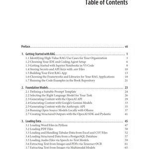May include: A black and white table of contents page from a technical book. The text lists a preface on page vii, followed by three main chapters: Getting Started with RAG, Foundation Models, and Loading Data, each with detailed sub-sections.