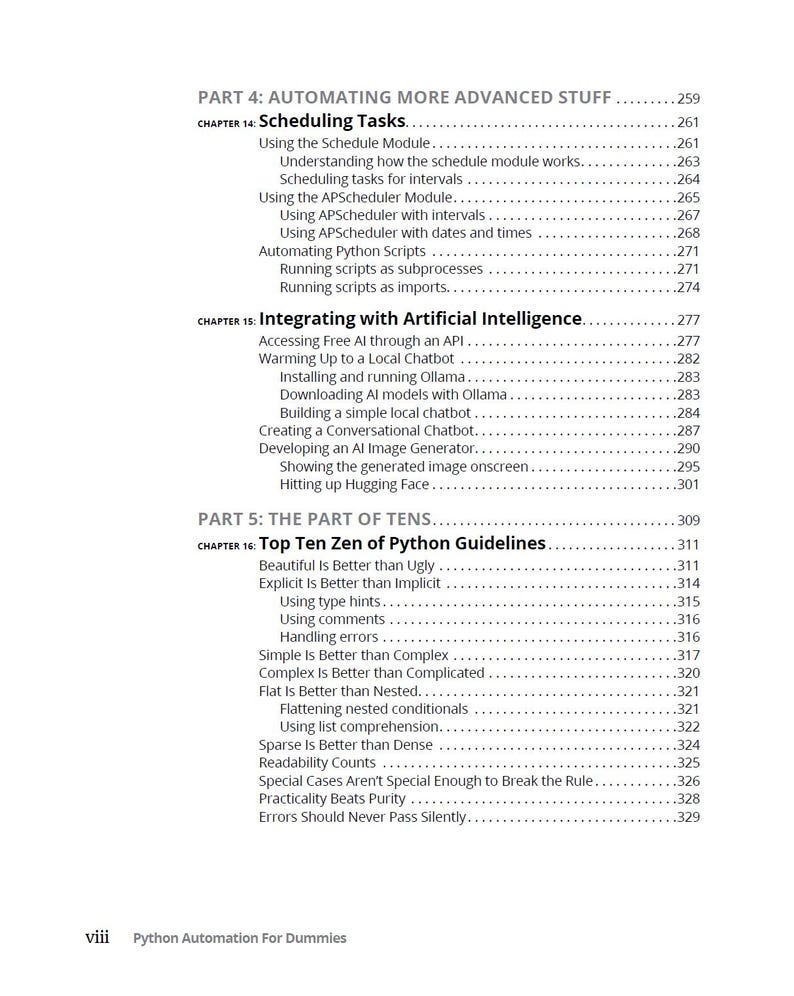 以下が含まれることがあります： 書籍『Python Automation For Dummies』の白黒の目次ページ。Part 4: Automating More Advanced Stuff、Chapter 14: Scheduling Tasks、Chapter 15: Integrating with Artificial Intelligence、Part 5: The Part of Tensが記載されています。
