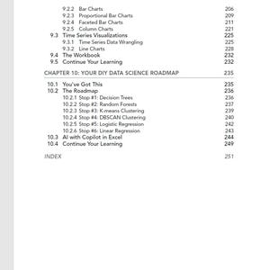 May include: A page from a book contents section titled CONTENTS, listing chapters and sub-sections including 9.2.2 Bar Charts on page 206 through 10.4 Continue Your Learning on page 249, ending with an INDEX on page 251, all in black text on white.