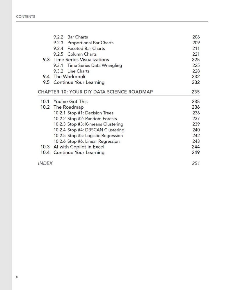 May include: A page from a book contents section titled CONTENTS, listing chapters and sub-sections including 9.2.2 Bar Charts on page 206 through 10.4 Continue Your Learning on page 249, ending with an INDEX on page 251, all in black text on white.