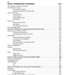 May include: A page from a technical book showing a table of contents for chapter 8, titled Local Information Gathering. The text lists various topics including The Filesystem Hierarchy Standard, Users and Groups, Processes, Networking, and Logs.