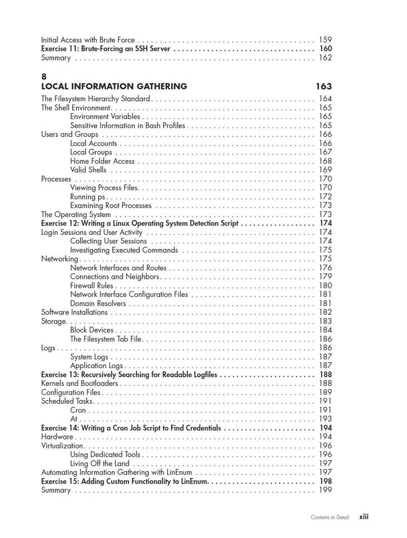 May include: A page from a technical book showing a table of contents for chapter 8, titled Local Information Gathering. The text lists various topics including The Filesystem Hierarchy Standard, Users and Groups, Processes, Networking, and Logs.