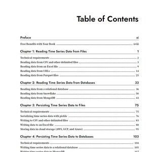 Op de afbeelding: Een inhoudsopgave van een technisch boek met zwarte tekst op een witte achtergrond. Het bevat een voorwoord en vier hoofdstukken over het lezen en opslaan van tijdreeksgegevens uit bestanden en databases, inclusief de bijbehorende paginanummers.
