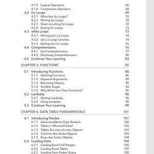 May include: A black and white table of contents page from a technical book, listing chapters and sub-sections including for Loops, while Loops, Comprehensions, Functions, Lambdas, and Data Table Fundamentals with corresponding page numbers.