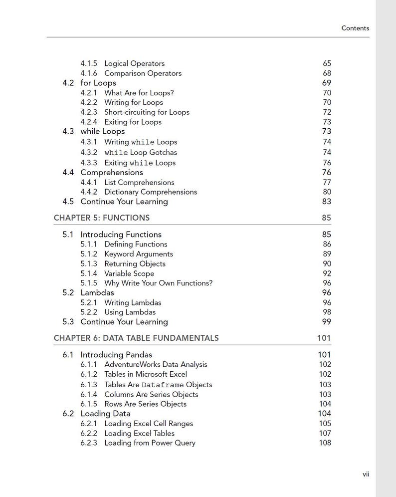 May include: A black and white table of contents page from a technical book, listing chapters and sub-sections including for Loops, while Loops, Comprehensions, Functions, Lambdas, and Data Table Fundamentals with corresponding page numbers.