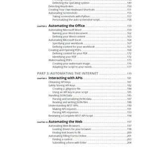 以下が含まれることがあります： 書籍「Python Automation For Dummies」のページ。オフィス自動化、API、Web自動化に関するセクションを含む目次が表示されており、148から204までのページ番号が白い背景に黒い文字で記載されています。