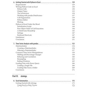 K&ouml;nnte beinhalten: Eine schwarz-wei&szlig;e Inhaltsverzeichnisseite aus einem Fachbuch. Der Text listet Teil III Python in Excel mit den Kapiteln 6 und 7 sowie Teil IV xlwings mit Kapitel 8 auf. Jeder Abschnitt enth&auml;lt detaillierte Unterthemen und Seitenzahlen.