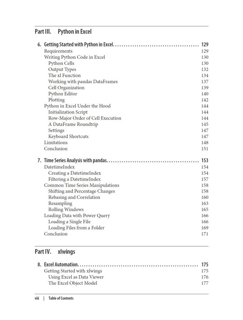 K&ouml;nnte beinhalten: Eine schwarz-wei&szlig;e Inhaltsverzeichnisseite aus einem Fachbuch. Der Text listet Teil III Python in Excel mit den Kapiteln 6 und 7 sowie Teil IV xlwings mit Kapitel 8 auf. Jeder Abschnitt enth&auml;lt detaillierte Unterthemen und Seitenzahlen.