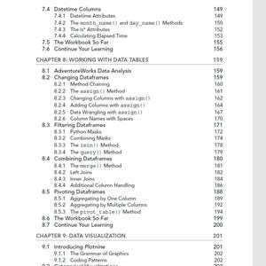 May include: A page from a book contents section titled Chapter 8 Working with Data Tables and Chapter 9 Data Visualization. It lists numbered sections and subsections including Datetime Columns, Changing Dataframes, Filtering Dataframes, Combining Dataframes, Pivoting Dataframes, and Introducing Plotnine with corresponding page numbers.