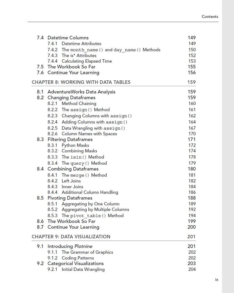 May include: A page from a book contents section titled Chapter 8 Working with Data Tables and Chapter 9 Data Visualization. It lists numbered sections and subsections including Datetime Columns, Changing Dataframes, Filtering Dataframes, Combining Dataframes, Pivoting Dataframes, and Introducing Plotnine with corresponding page numbers.