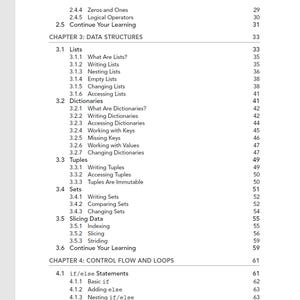 May include: A black and white table of contents page from a technical book. The text lists Chapter 3: Data Structures and Chapter 4: Control Flow and Loops, with sub-sections including Lists, Dictionaries, Tuples, Sets, Slicing Data, and if/else statements.