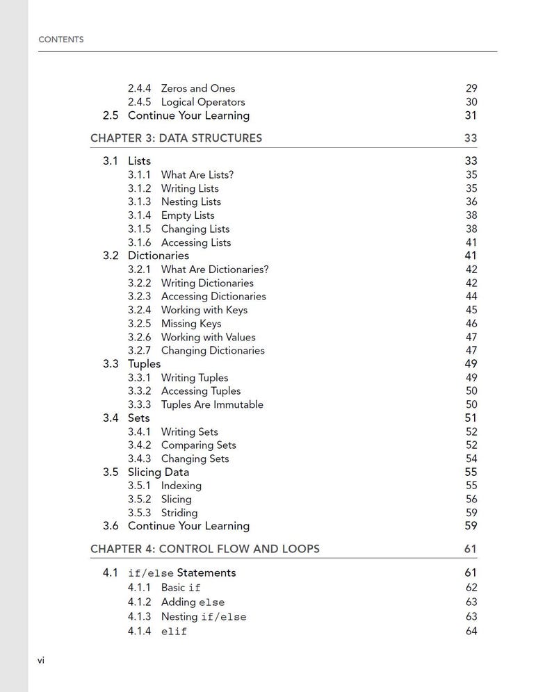 May include: A black and white table of contents page from a technical book. The text lists Chapter 3: Data Structures and Chapter 4: Control Flow and Loops, with sub-sections including Lists, Dictionaries, Tuples, Sets, Slicing Data, and if/else statements.