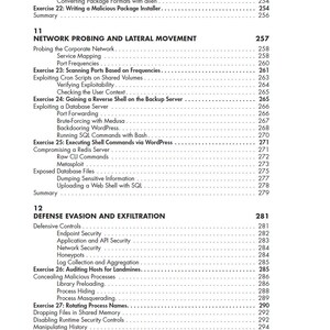 May include: A black and white table of contents page from a technical book, listing chapter 11 titled Network Probing and Lateral Movement and chapter 12 titled Defense Evasion and Exfiltration, with various subtopics and page numbers.