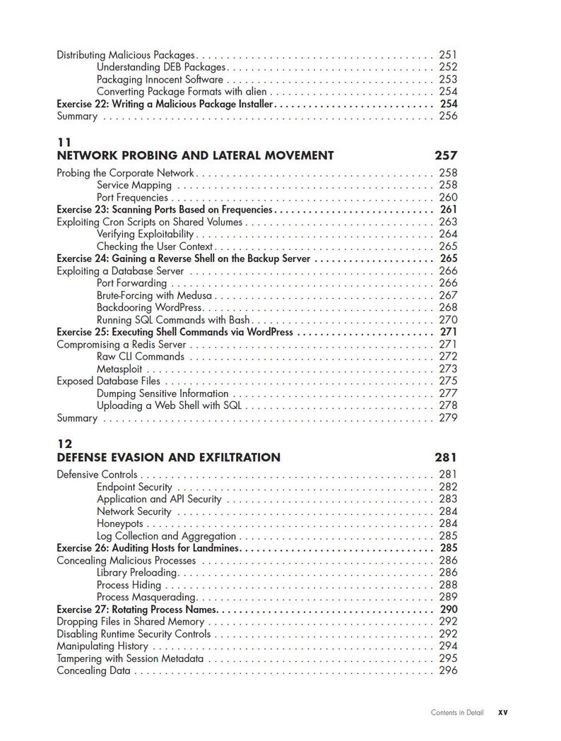May include: A black and white table of contents page from a technical book, listing chapter 11 titled Network Probing and Lateral Movement and chapter 12 titled Defense Evasion and Exfiltration, with various subtopics and page numbers.