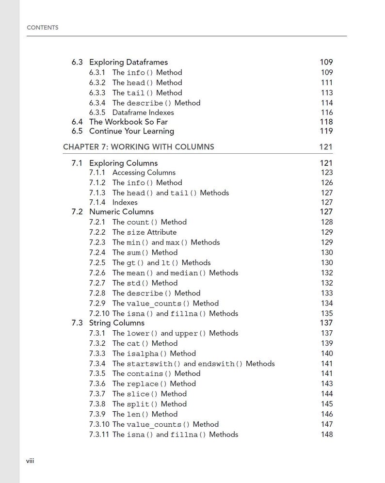 May include: A page from a book contents section titled Chapter 7: Working with Columns, listing technical subheadings and page numbers ranging from 109 to 148. The text is black on a white background, organized in a structured list format.