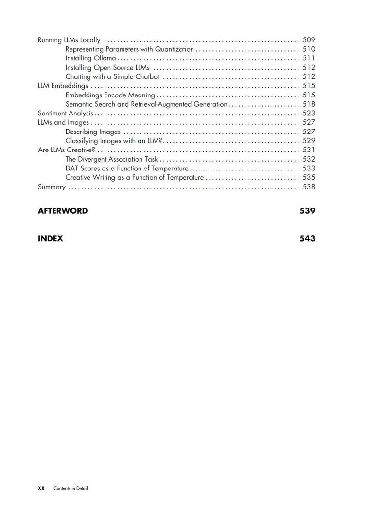 May include: A black and white table of contents page featuring text headings such as Running LLMs Locally, LLM Embeddings, Sentiment Analysis, LLMs and Images, Are LLMs Creative, Afterword, and Index, with corresponding page numbers listed on the right.