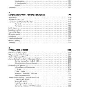May include: A page from a book titled Contents in Detail, showing chapter 7, Experiments with Neural Networks, and chapter 8, Evaluating Models. The text lists subtopics like The Dataset, Architecture, and Metrics, with corresponding page numbers.