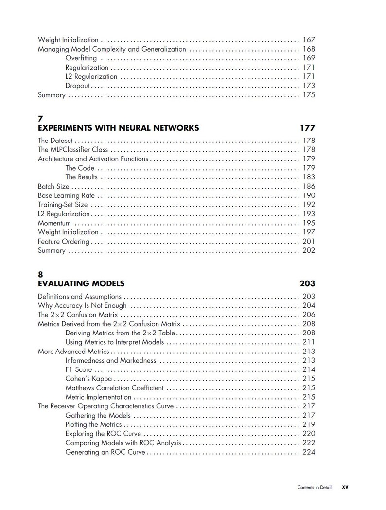 May include: A page from a book titled Contents in Detail, showing chapter 7, Experiments with Neural Networks, and chapter 8, Evaluating Models. The text lists subtopics like The Dataset, Architecture, and Metrics, with corresponding page numbers.