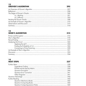 以下が含まれることがあります： 教科書の目次ページ（白黒）。第12章「Grover's Algorithm」（295ページ）、第13章「Shor's Algorithm」（315ページ）、第14章「Next Steps」（337ページ）が記載されており、各章のサブトピックとページ番号が詳細に列挙されています。